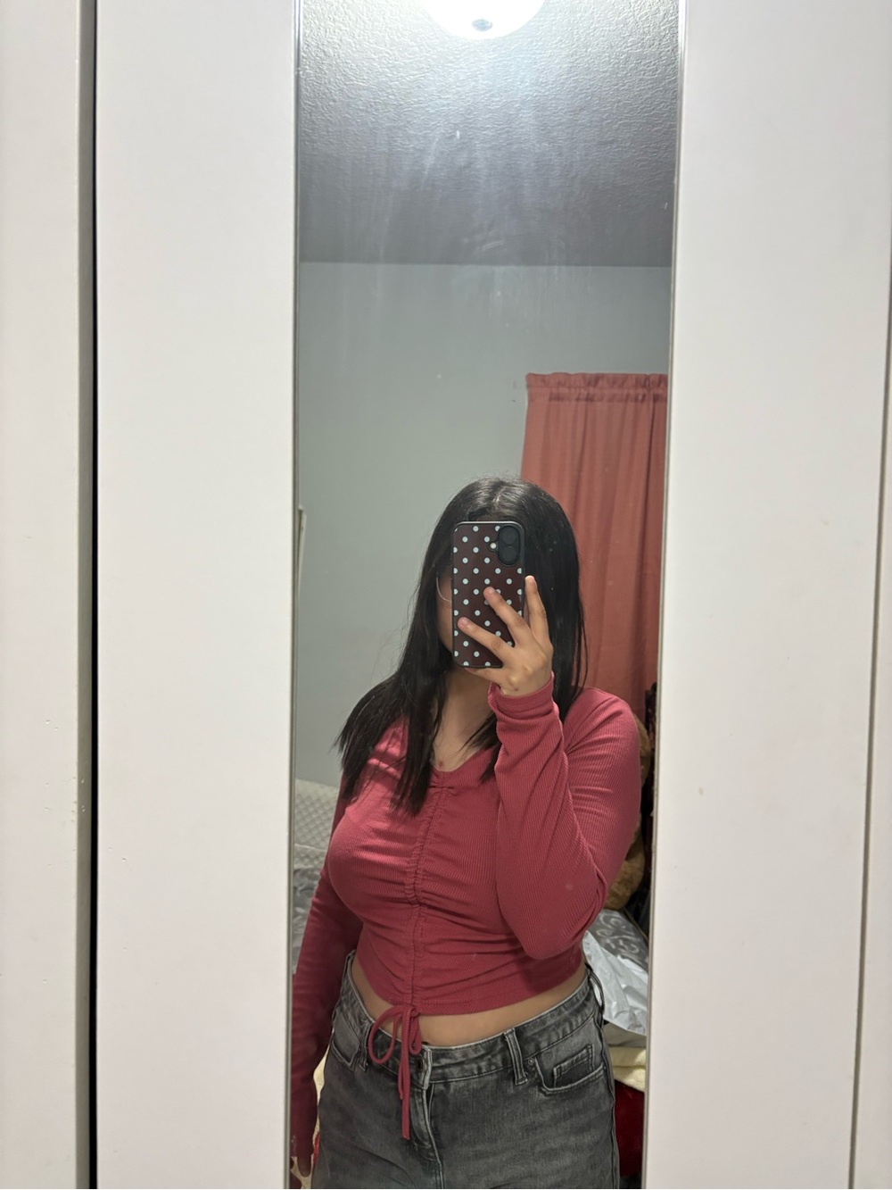 SHEIN Dusty Rose Ruched Long Sleeve Crop Top